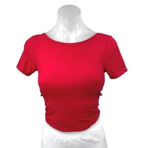 Hollister Red Ribbed Knit Short Sleeve Open Twist Back T Shirt Crop Top Size XS